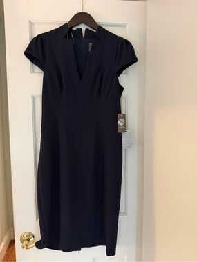 Vince Camuto Navy Fitted Cap-Sleeve Sheath Dress